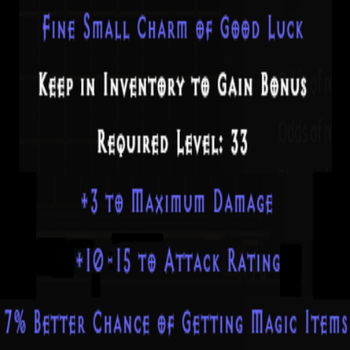 Fine Small Charm of Good Luck +3 Maximum Damage +10-15 AR +7% MF