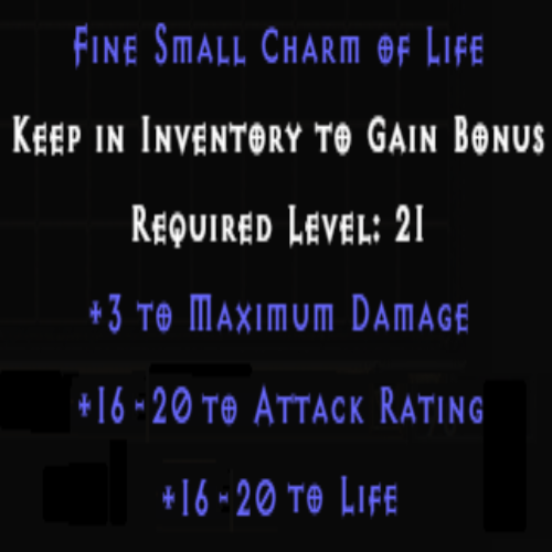 Fine Small Charm of Vita +3 Maximum Damage +16-20 AR +16-20 Life