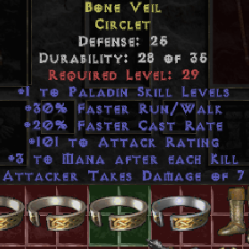 Bone Veil Circlet +1 Paladin Skills 30 FRW 20 FCR 101 AR 3 MAEK 7 ATD 25 DEF LVL 29 REQ