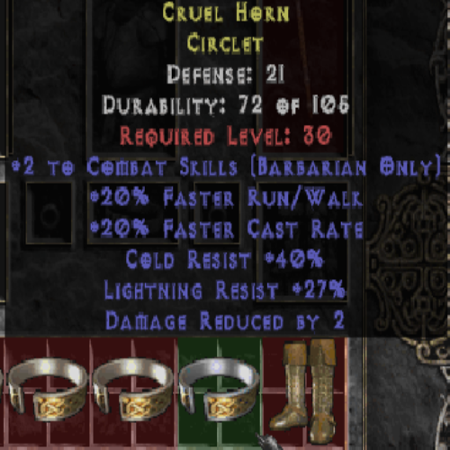 Cruel Horn Circlet +2 Combat Skills 20 FRW 20 FCR 40% CR 27% LR 2 DRB 21 DEF LVL 30 REQ