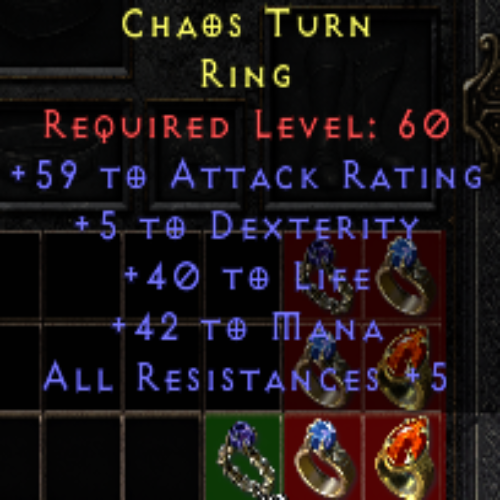 Chaos Turn 59 AR 5 DEX 40 Life 42 Mana 5 All Res