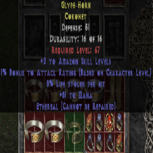 Glyph Horn Coronet +2 Amazon Skills 1% Bonus AR 8% LS Ethereal 51 DEF LVL 67 REQ