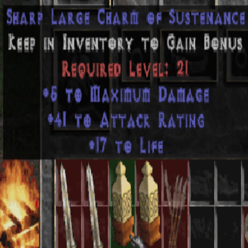 Sharp Large Charm of Sustenance (Tower) 5 Max DMG 41 AR 17 Life LVL 21 REQ