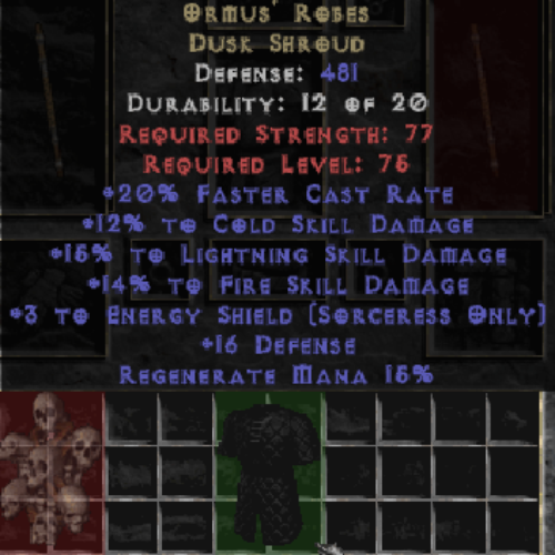 Ormus' Robes Dusk Shroud +3 Energy Shield 12% CD 15% LD 14% FD 16 Def 15% Regen Mana 481 DEF LVL 75 REQ STR 77 REQ