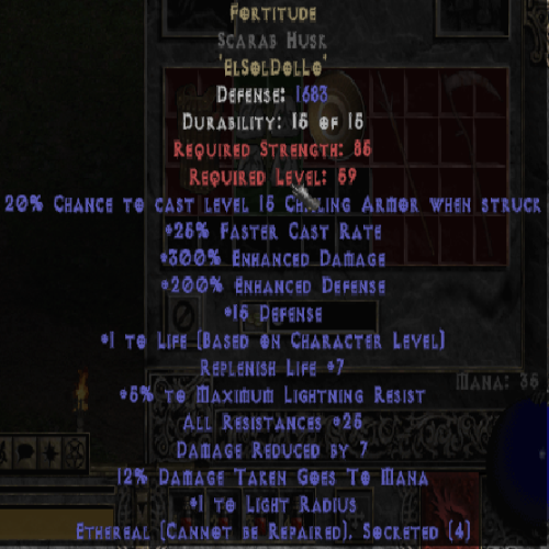 Fortitude Scarab Husk 200 ED 25 All Resistances ETH 1683 DEF LVL 59 REQ STR 85 REQ