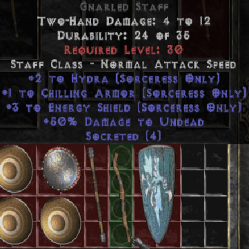 Gnarled Staff +3 Energy Shield +1 Chilling Armor +2 Hydra LVL 30 REQ