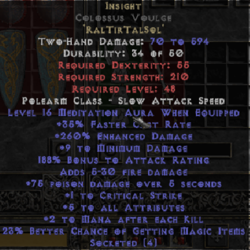 Buy D2R Insight Colossus Voulge 16 Meditation Aura 260 ED 188% AR 1 CS NON ETH | Diablo 2 Resurrected (D2R) Item Shop - D2RGEAR