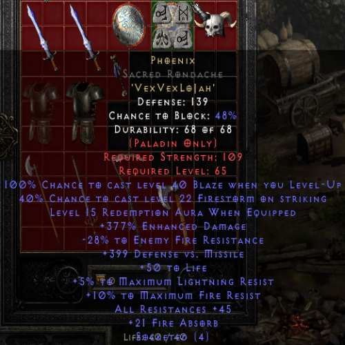 Phoenix Sacred Rondache 45 All Resistances 15 Aura 377 ED 399 DvsM 21 FA