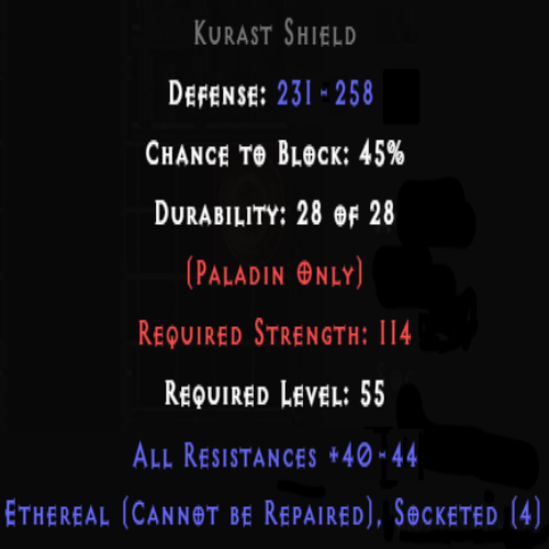 Kurast Shield Ethereal 4 Sockets 40-44 All Res