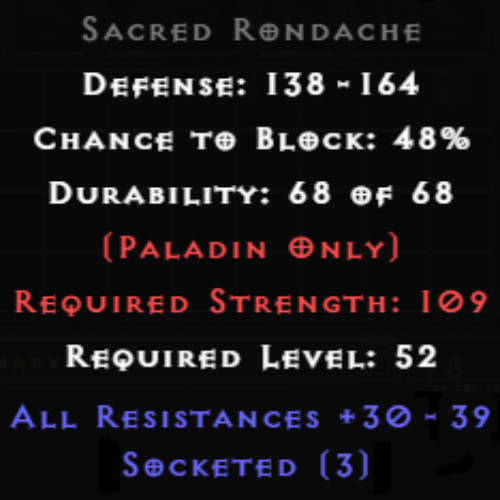 Sacred Rondache 3 Sockets 30-39 All Res