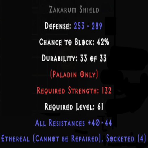 Zakarum Shield Ethereal 4 Sockets 40-44 All Res