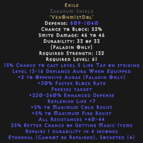 Exile Zakarum Shield Ethereal 40-44 All Res Description
