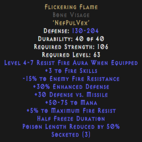 Flickering Flame Bone Visage 15 Fire Pierce 4-7 Aura Description