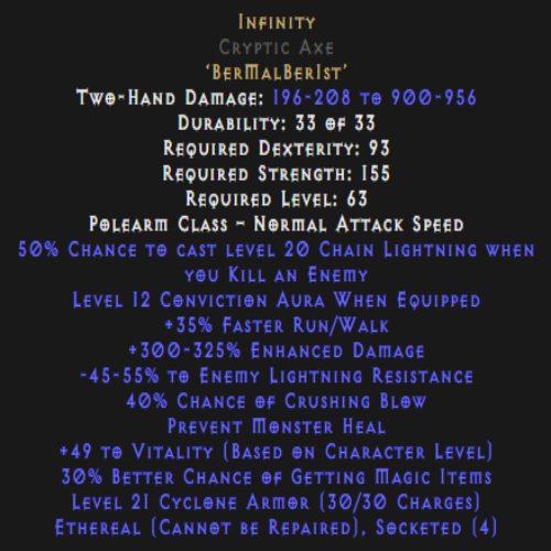 Infinity Cryptic Axe Ethereal 300-325% ED Description