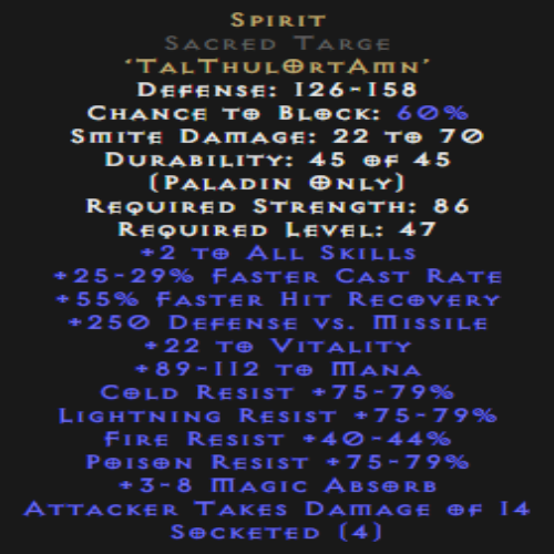Spirit Sacred Targe 40-44 All Res 25-29% FCR Description