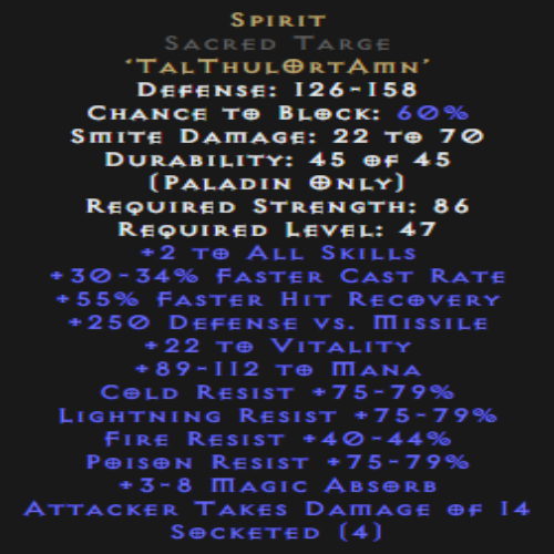 Spirit Sacred Targe 40-44 All Res 30-34% FCR Description