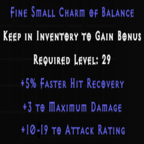 Fine Small Charm of Balance +5% FHR +3 Maximum Damage +10-19 AR
