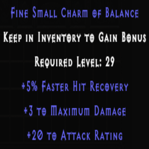 Fine Small Charm of Balance +5% FHR +3 Maximum Damage +20 AR