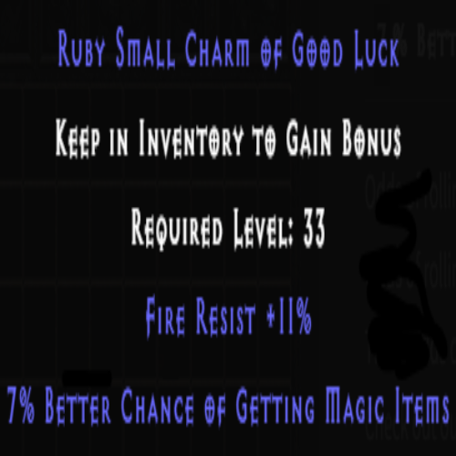 Ruby Small Charm of Good Luck +7% MF +11% Fire Resist