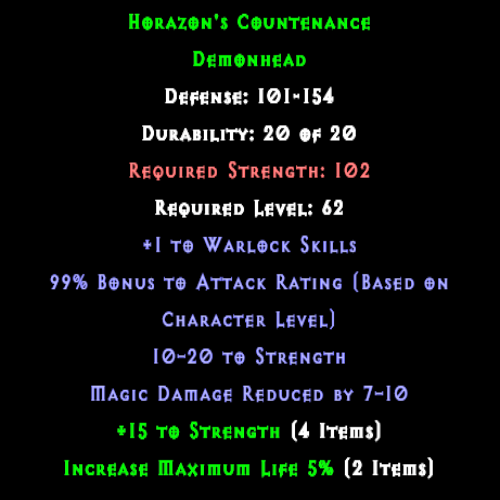 Horazon's Countenance item description D2RGEAR