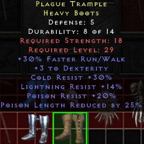 Plague Trample 30 FRW 3 DEX 30 CR 14 LR 20 PR 25 PLR LVL 29