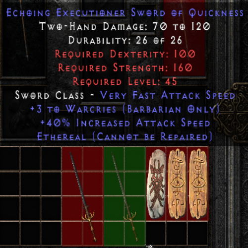 Echoing Executioner Sword of Quickness +3 Warcries 40 IAS Ethereal