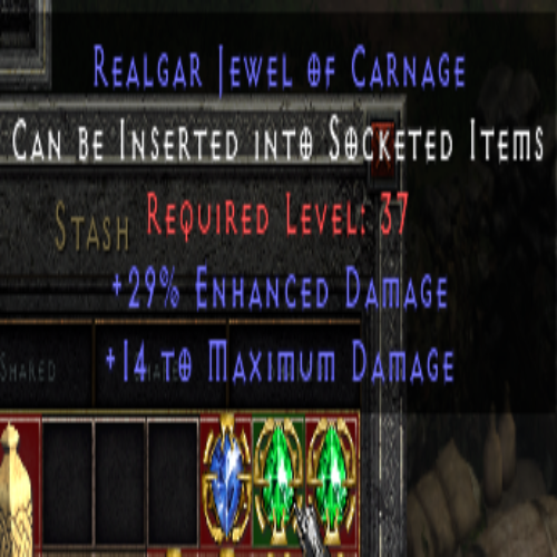 Realgar Jewel of Carnage 29 ED 14 Max DMG 37 LVL REQ (Green)