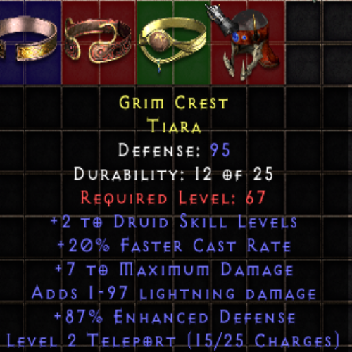 Grim Crest 2 DS 20 FCR 7 Max DMG 1-97 LD 87 ED 2 LVL Teleport