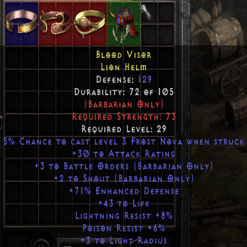 Blood Visor 3 BO 2 Shout 30 AR 71 ED 43 Life 8 LR 6 PR 5% FN 29 LVL REQ