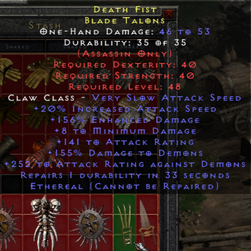 Death Fist Blade Talons 20 IAS 156 ED 8 Min DMG 141 AR 155 DMGD 252 AR DMGD ETH REP 48 LVL REQ