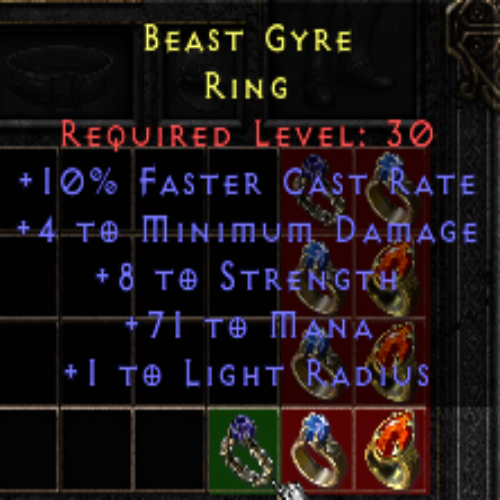 Beast Gyre 10 FCR 4 Min DMG 8 STR 71 Mana 30 LVL REQ