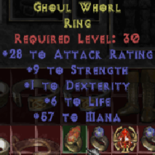 Ghoul Whorl Ring (Orange) 28 AR 9 STR 1 DEX 6 Life 57 Mana LVL 30 REQ