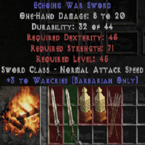 Echoing War Sword +3 Warcries LVL 45 REQ STR 71 REQ DEX 45 REQ