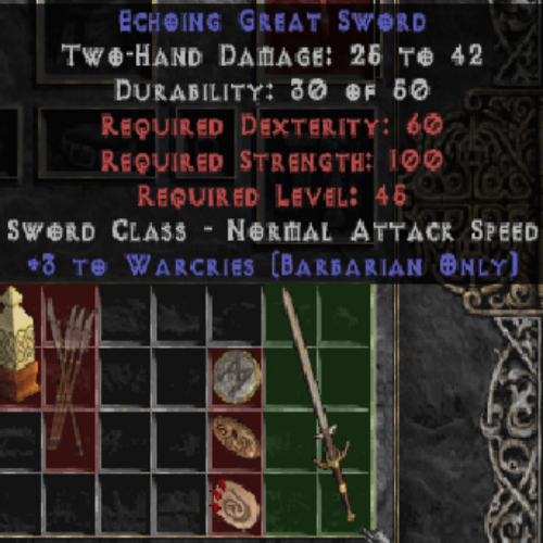 Echoing Great Sword +3 Warcries LVL 45 REQ STR 100 REQ DEX 60 REQ