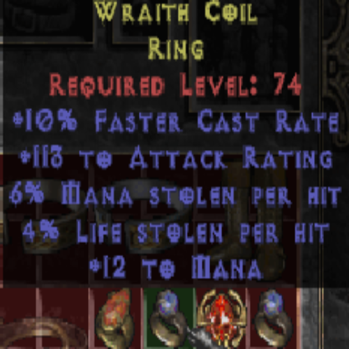 Wraith Coil Ring (Sloop) 10 FCR 113 AR 6 MS 4 LS 12 Mana LVL 74 REQ