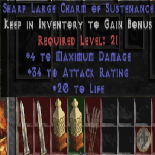 Sharp Large Charm of Sustenance (Tower) 4 Max DMG 34 AR 20 Life LVL 21 REQ