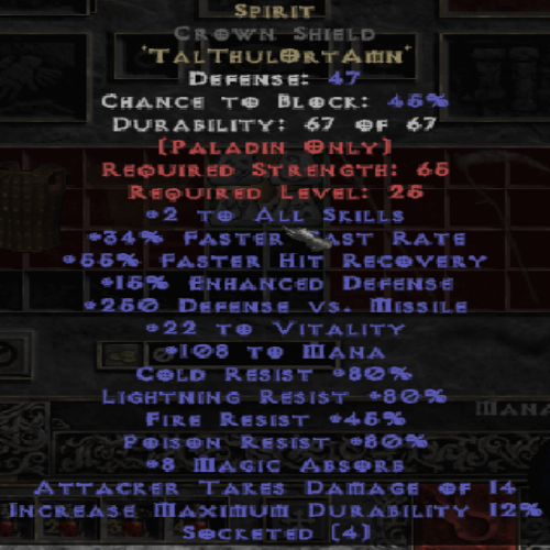 Buy D2R Spirit Crown Shield 34 FCR 45 All Resistances 15 ED 108 Mana 8 Magic Absorb LVL 25 REQ STR 65 REQ | Diablo 2 Resurrected (D2R) Item Shop - D2RGEAR