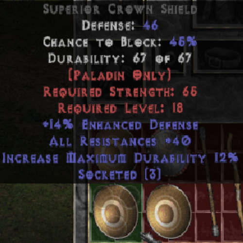 Crown Shield 14 ED 40 All Resistances 3 Sockets 46 DEF LVL 18 REQ STR 65 REQ
