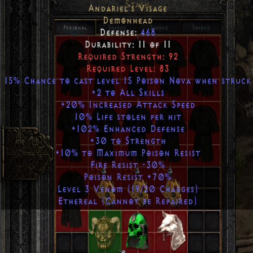 Andariel's Visage 102 ED 10 LS 30 STR Ethereal
