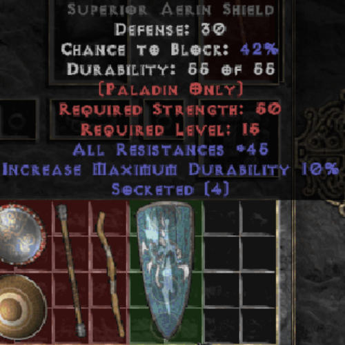 Aerin Shield 45 All Resistances 4 Sockets 30 DEF LVL 15 REQ STR 50 REQ