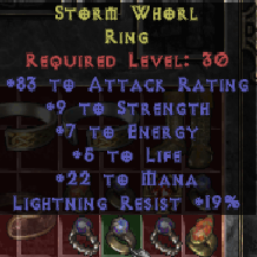 Storm Whorl Ring (Sloop) 83 AR 9 STR 7 Energy 5 Life 22 Mana 19% LR LVL 30 REQ