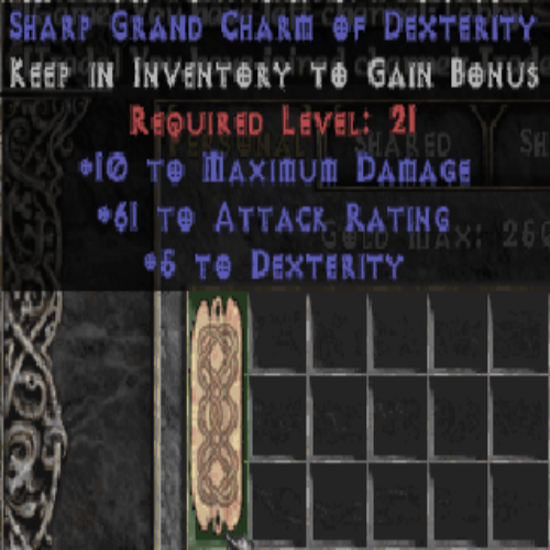 Sharp Grand Charm of Dexterity 10 Max DMG 61 AR 5 DEX LVL 21 REQ