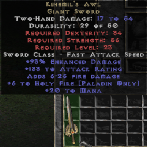 Buy D2R Kinemil's Awl Giant Sword 93 EDMG 133 AR 6-25 Fire DMG | Diablo ...