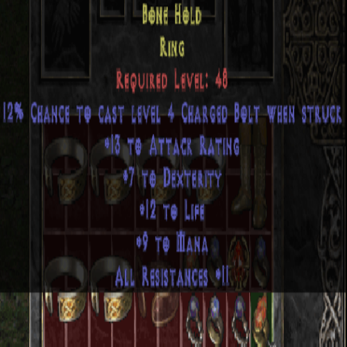 Bone Hold Ring (Orange) 13 AR 7 DEX 12 Life 9 Mana 11 All Resistances LVL 48 REQ