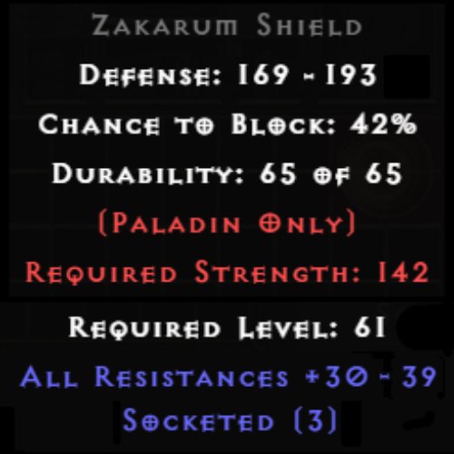 Zakarum Shield 3 Sockets 30-39 All Res