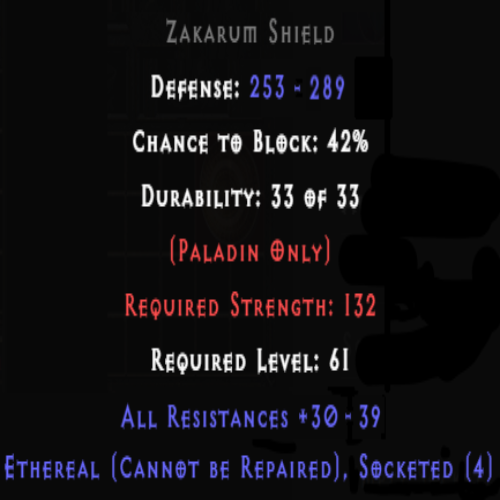 Zakarum Shield Ethereal 4 Sockets 30-39 All Res
