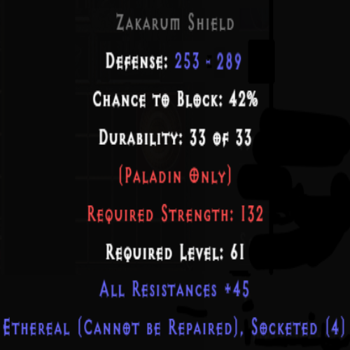 Zakarum Shield Ethereal 4 Sockets 45 All Res